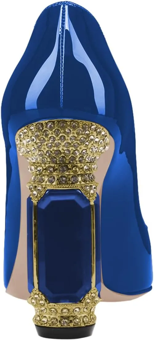 FSJ Women Pointed Toe Crystal High Heel Pumps Comfort Slip On Chunky Block Heel Bridal Wedding Evening Party Prom Dress Shoes Size 4-15 US