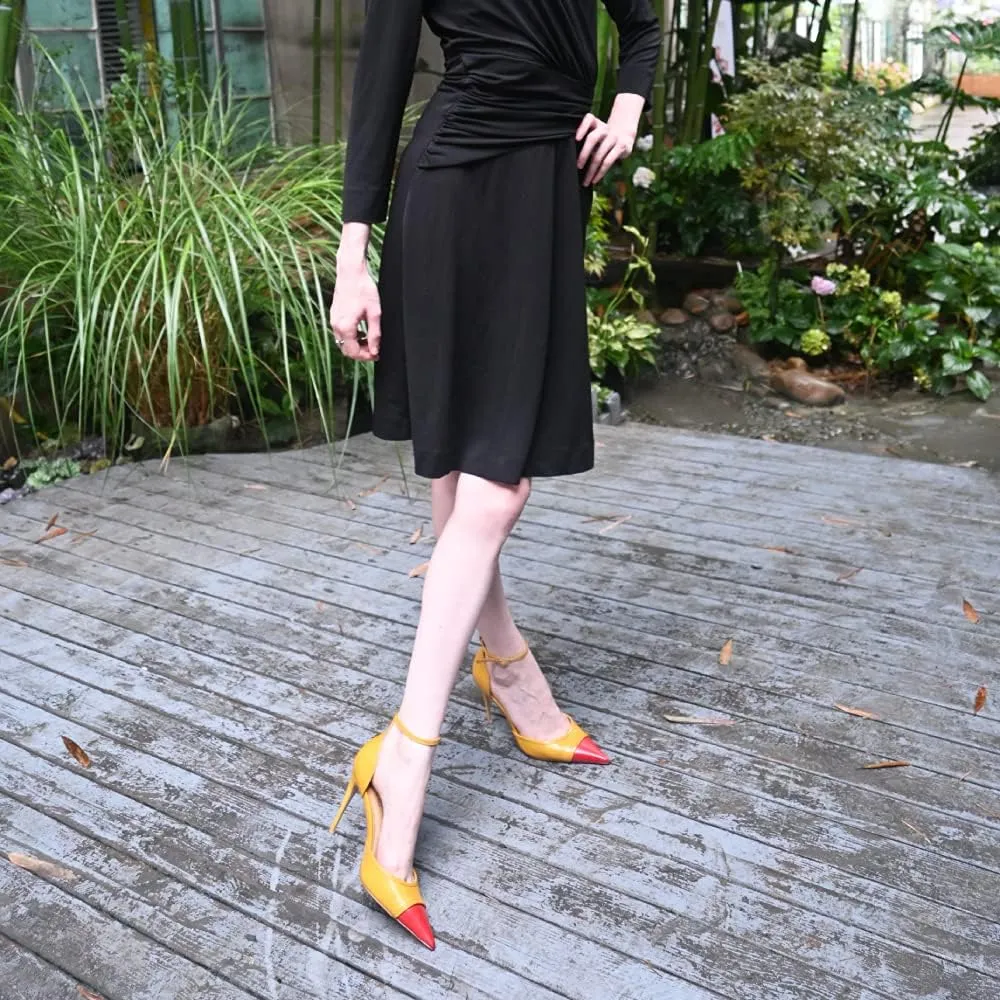 FSJ Women's D'Orsay High Heel Stiletto Buckle Ankle Strap Sandals Closed Pointed Toe Pumps Genuine Leather Dress Shoes Comfort Sole Heels