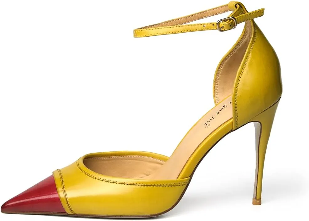 FSJ Women's D'Orsay High Heel Stiletto Buckle Ankle Strap Sandals Closed Pointed Toe Pumps Genuine Leather Dress Shoes Comfort Sole Heels