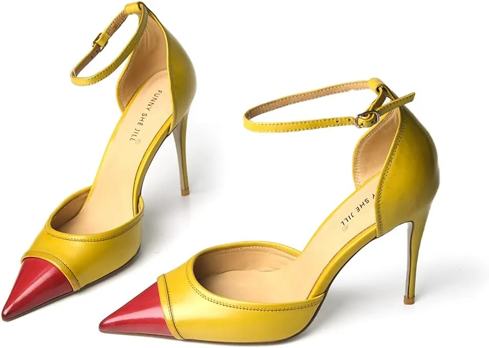 FSJ Women's D'Orsay High Heel Stiletto Buckle Ankle Strap Sandals Closed Pointed Toe Pumps Genuine Leather Dress Shoes Comfort Sole Heels