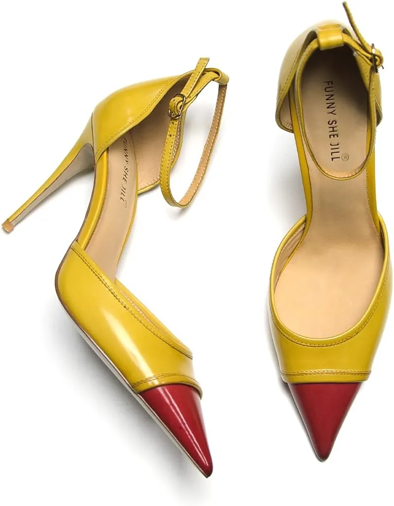 FSJ Women's D'Orsay High Heel Stiletto Buckle Ankle Strap Sandals Closed Pointed Toe Pumps Genuine Leather Dress Shoes Comfort Sole Heels