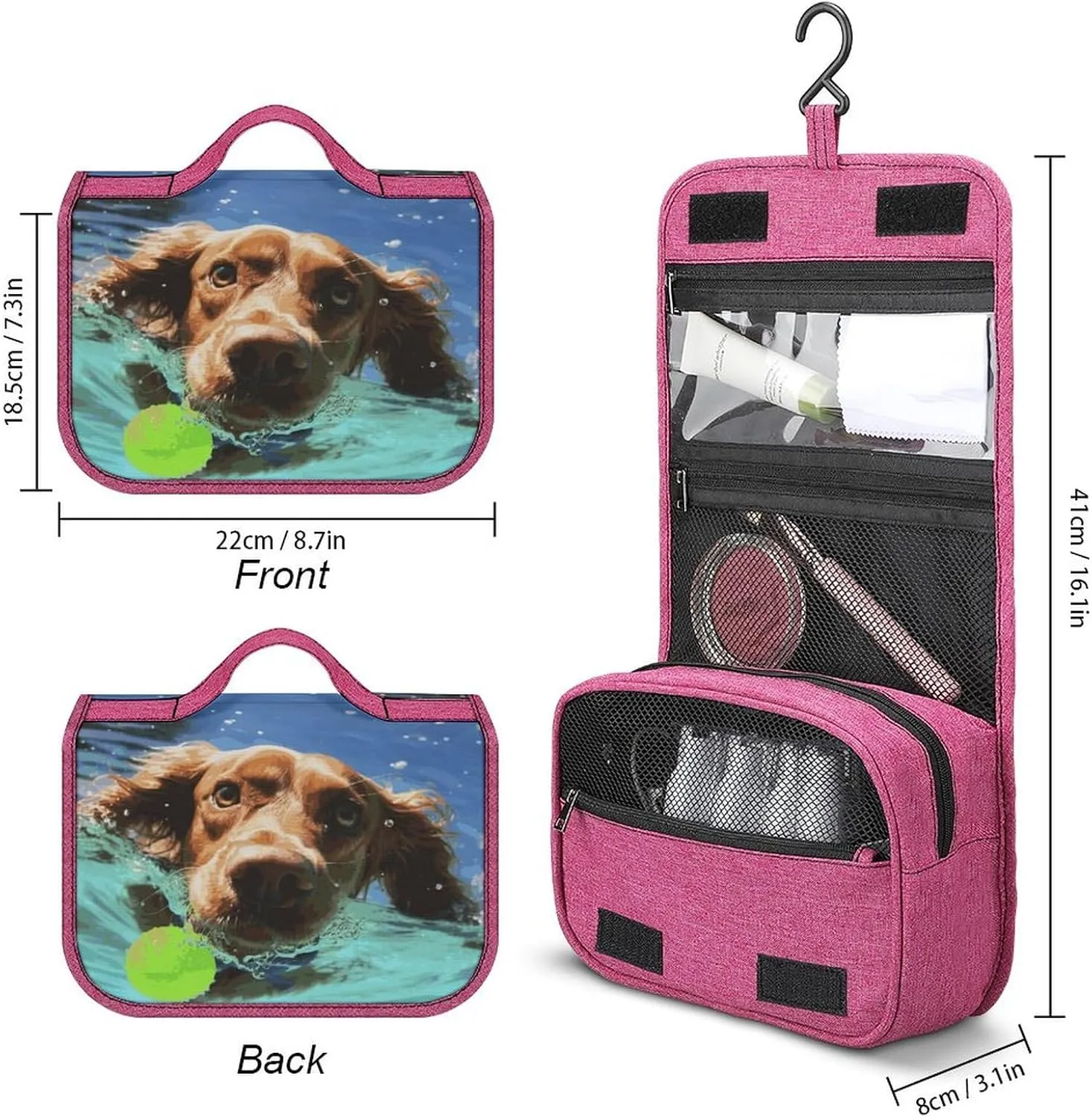 Funny Swimming Dog Travel Toiletry Bag for Women,Hanging Toiletry Organizer with Hook, Makeup Bag Travel Organizer for Shampoo,Toiletriesl