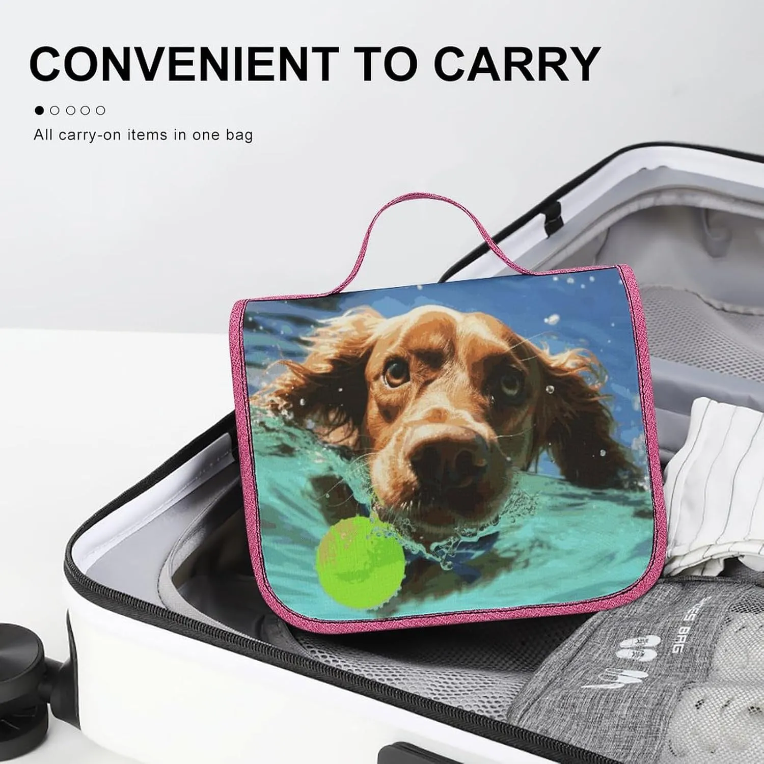 Funny Swimming Dog Travel Toiletry Bag for Women,Hanging Toiletry Organizer with Hook, Makeup Bag Travel Organizer for Shampoo,Toiletriesl