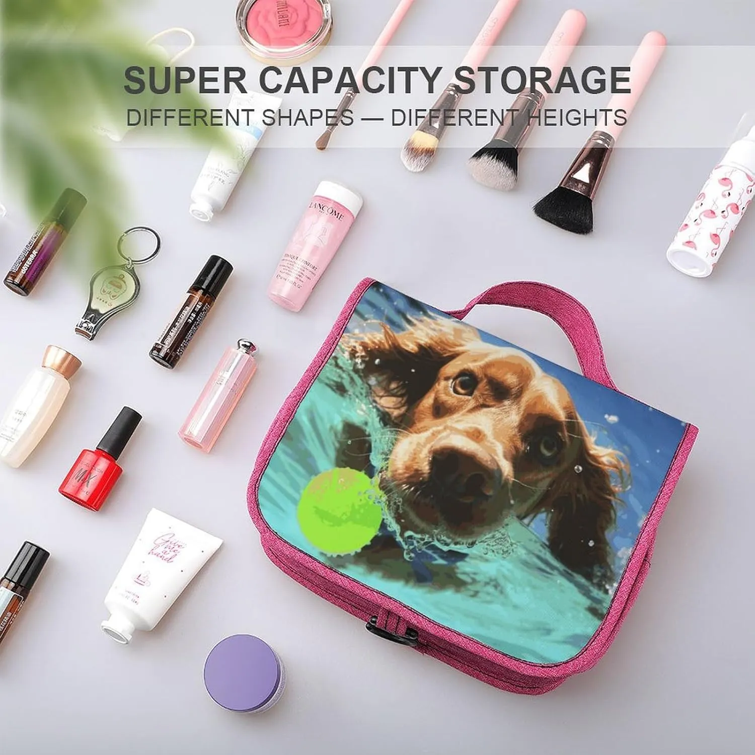 Funny Swimming Dog Travel Toiletry Bag for Women,Hanging Toiletry Organizer with Hook, Makeup Bag Travel Organizer for Shampoo,Toiletriesl
