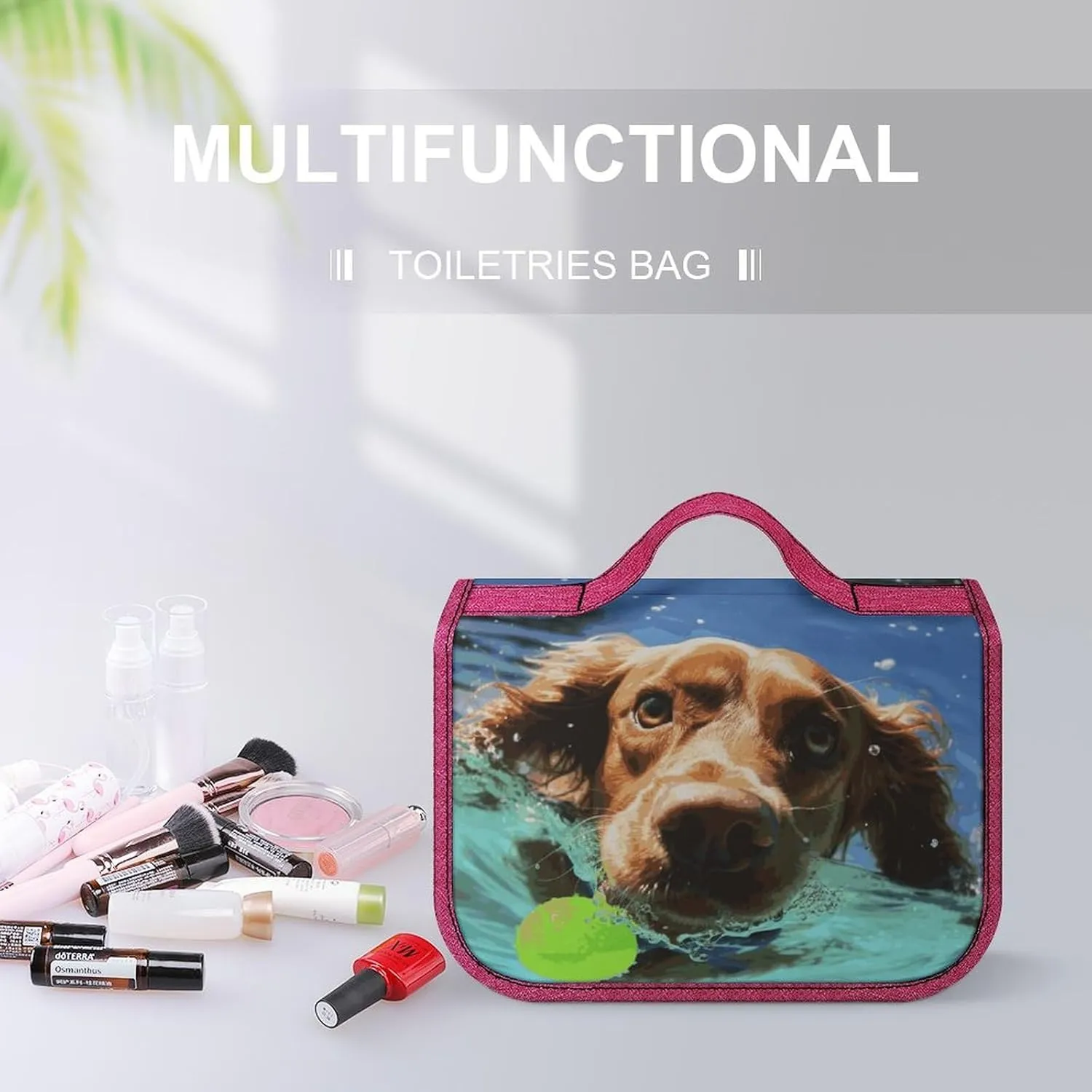 Funny Swimming Dog Travel Toiletry Bag for Women,Hanging Toiletry Organizer with Hook, Makeup Bag Travel Organizer for Shampoo,Toiletriesl