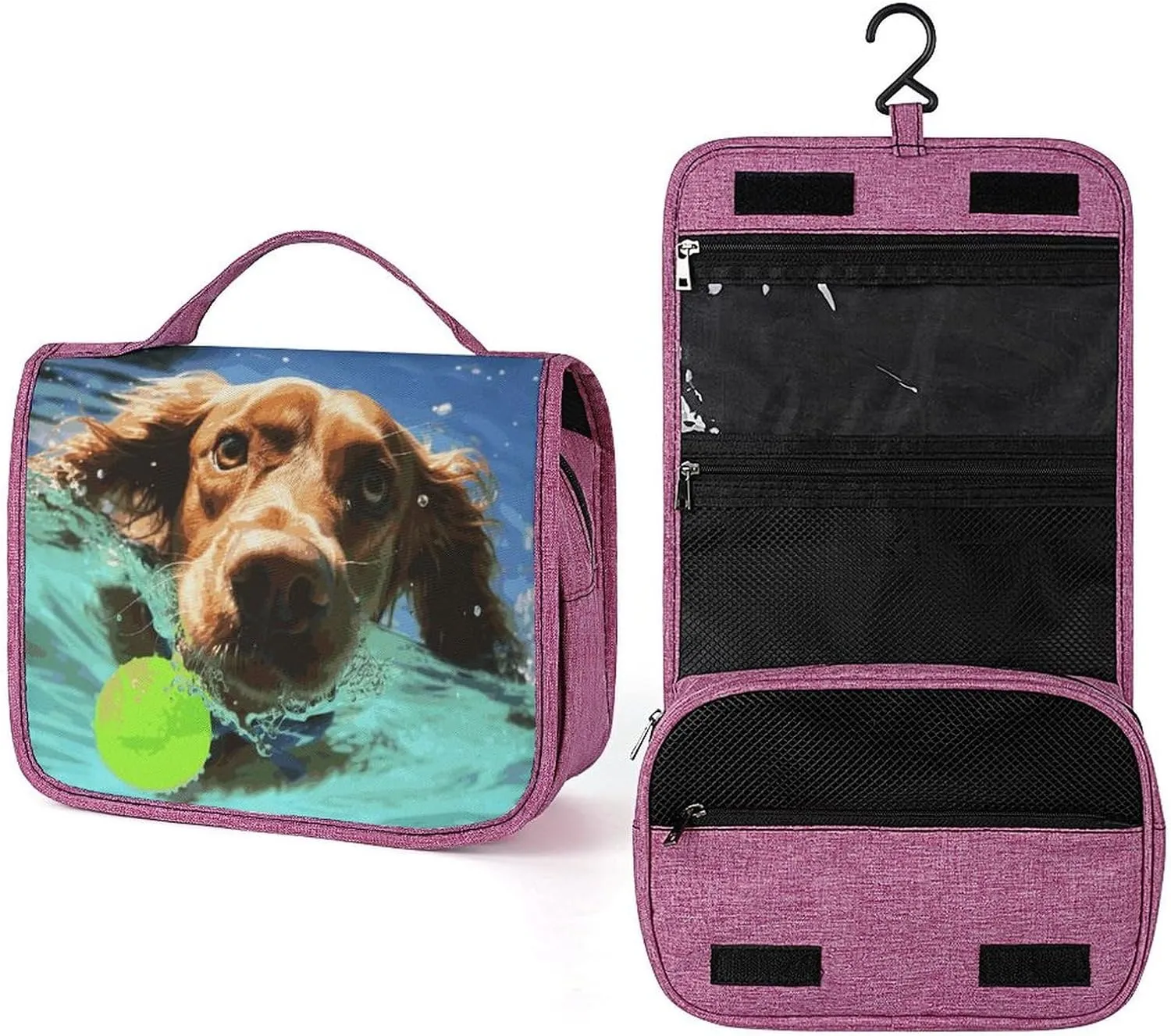 Funny Swimming Dog Travel Toiletry Bag for Women,Hanging Toiletry Organizer with Hook, Makeup Bag Travel Organizer for Shampoo,Toiletriesl