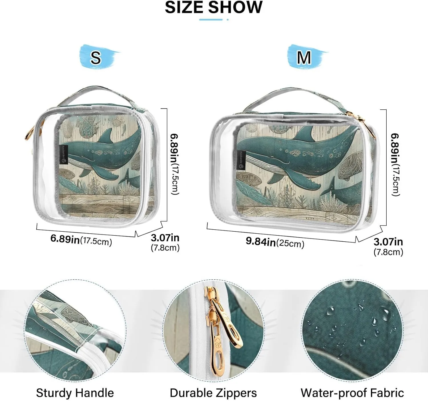 GAIGEO Vintage Marine Life Whale 2 Pack Clear Makeup Bag Set, Double Zipper Clear Toiletry Bag, Clear Bag for Travel