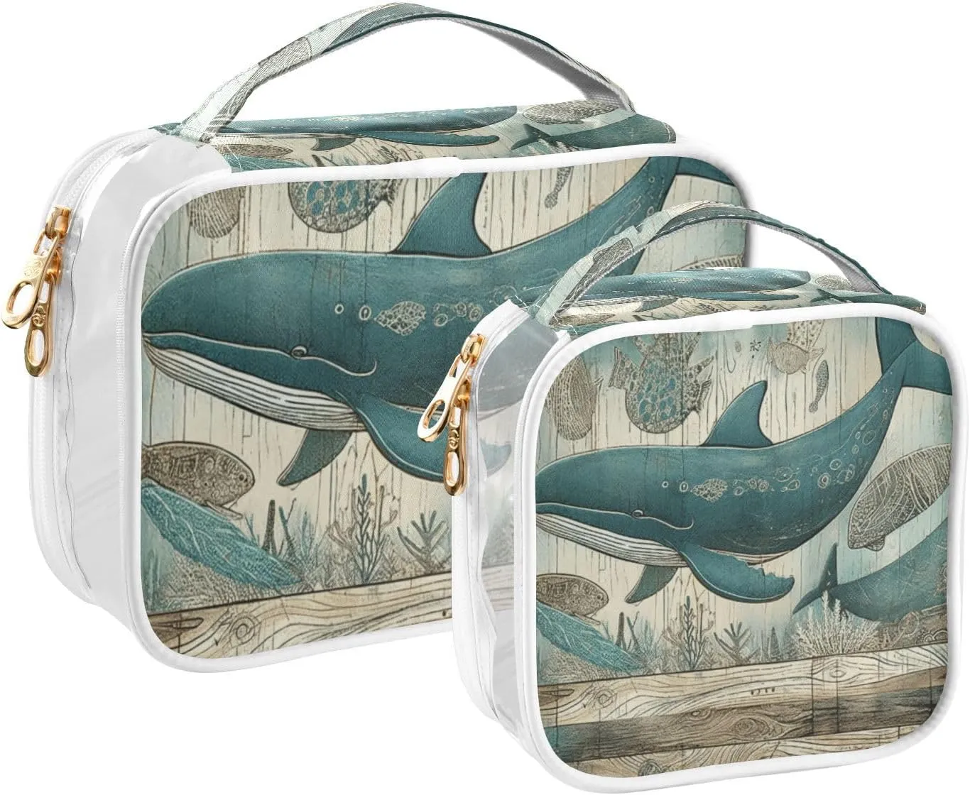 GAIGEO Vintage Marine Life Whale 2 Pack Clear Makeup Bag Set, Double Zipper Clear Toiletry Bag, Clear Bag for Travel