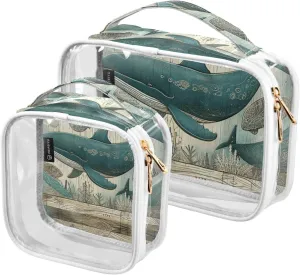 GAIGEO Vintage Marine Life Whale 2 Pack Clear Makeup Bag Set, Double Zipper Clear Toiletry Bag, Clear Bag for Travel