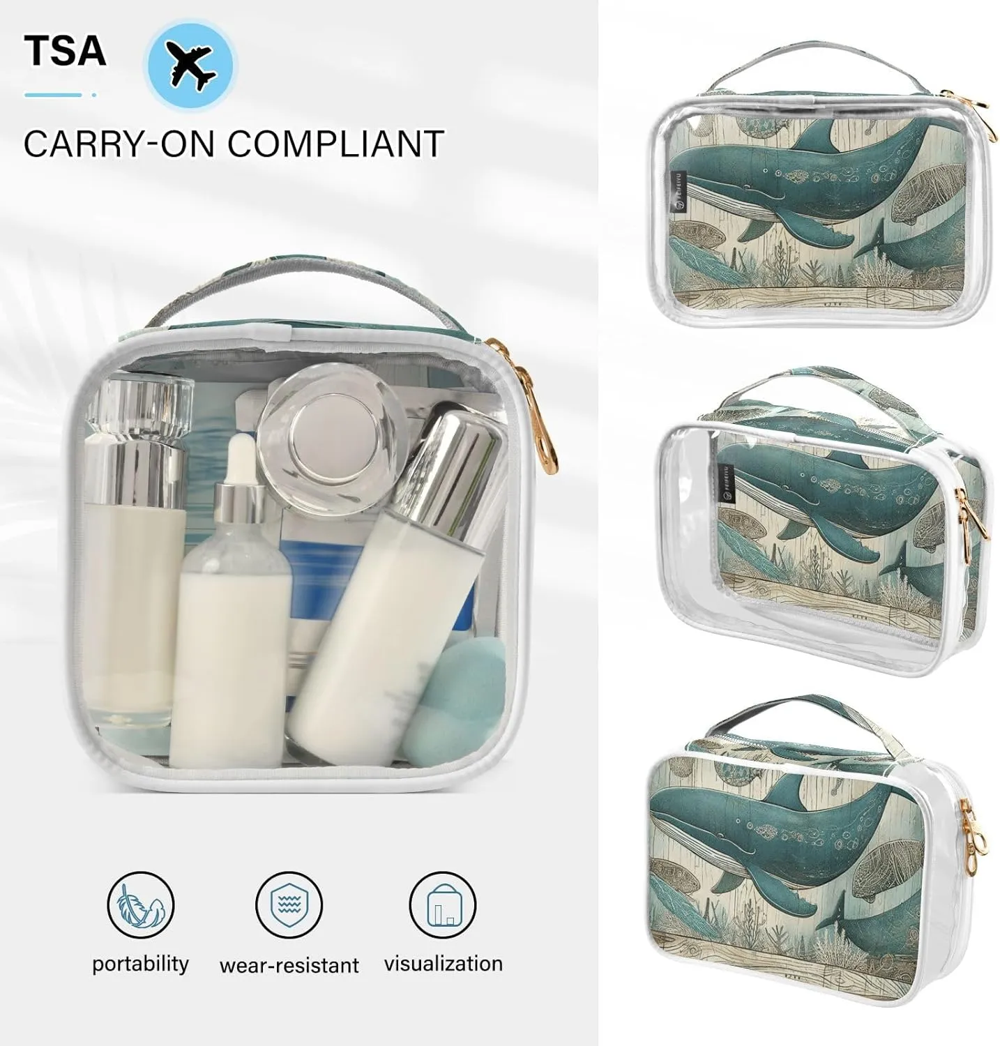 GAIGEO Vintage Marine Life Whale 2 Pack Clear Makeup Bag Set, Double Zipper Clear Toiletry Bag, Clear Bag for Travel
