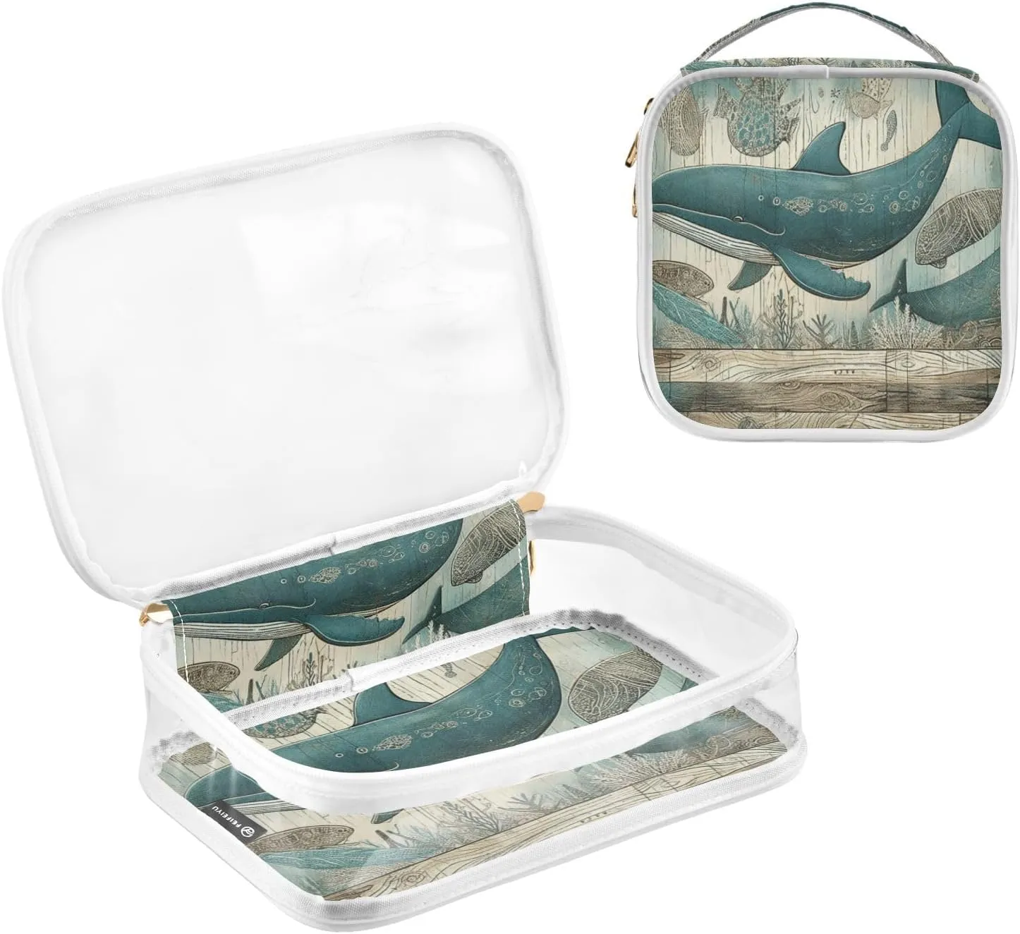 GAIGEO Vintage Marine Life Whale 2 Pack Clear Makeup Bag Set, Double Zipper Clear Toiletry Bag, Clear Bag for Travel