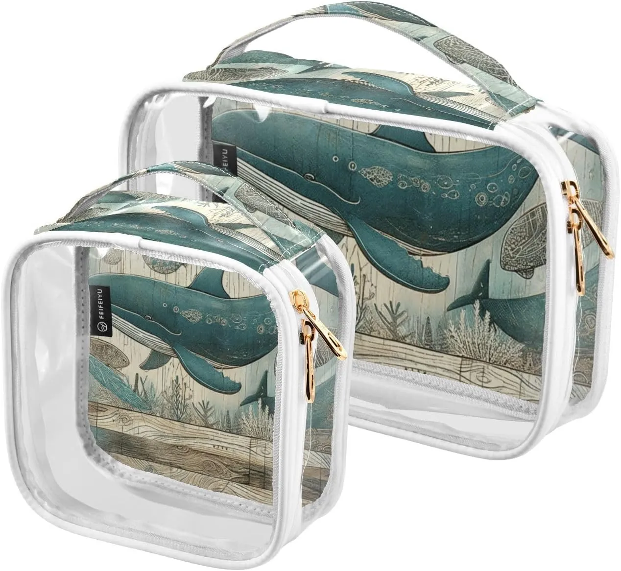 GAIGEO Vintage Marine Life Whale 2 Pack Clear Makeup Bag Set, Double Zipper Clear Toiletry Bag, Clear Bag for Travel