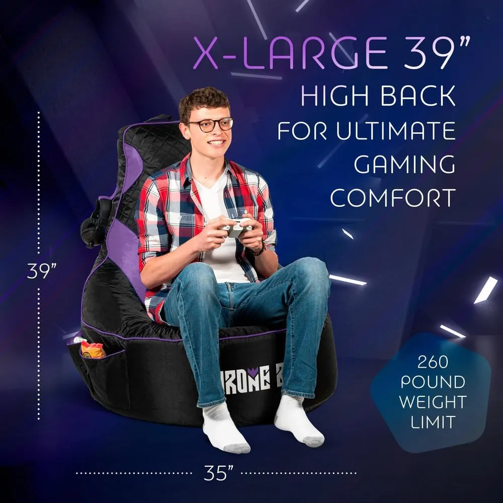 Gaming Bean Bag Chair for Adults and Teens [Cover ONLY No Filling] - High Back Beanbag or Dorm Chair with Cup Holder for Gamers (Black/Purple