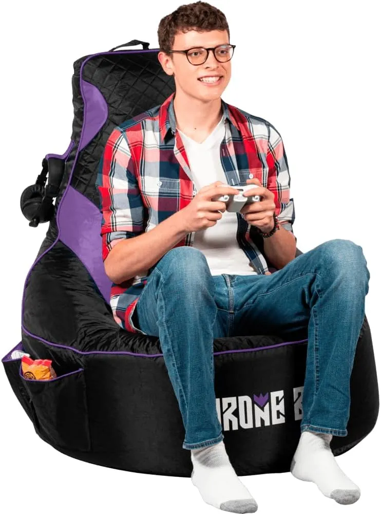 Gaming Bean Bag Chair for Adults and Teens [Cover ONLY No Filling] - High Back Beanbag or Dorm Chair with Cup Holder for Gamers (Black/Purple