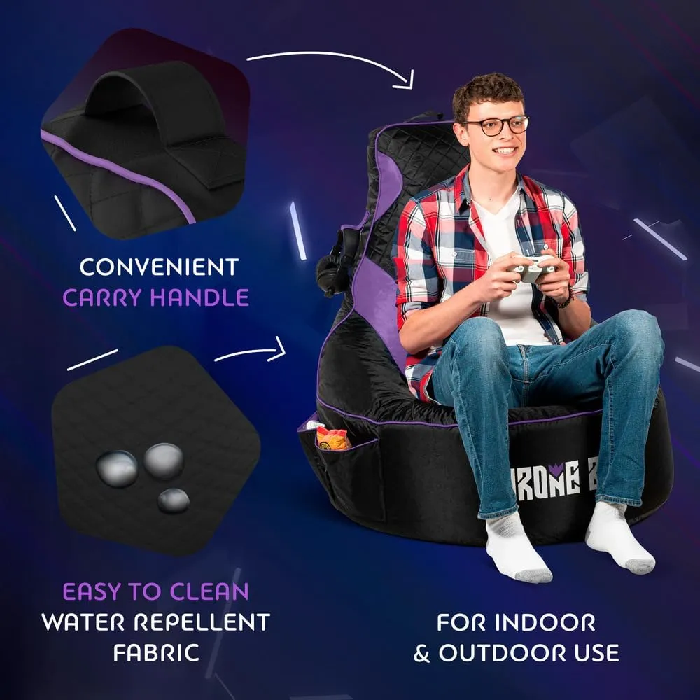 Gaming Bean Bag Chair for Adults and Teens [Cover ONLY No Filling] - High Back Beanbag or Dorm Chair with Cup Holder for Gamers (Black/Purple