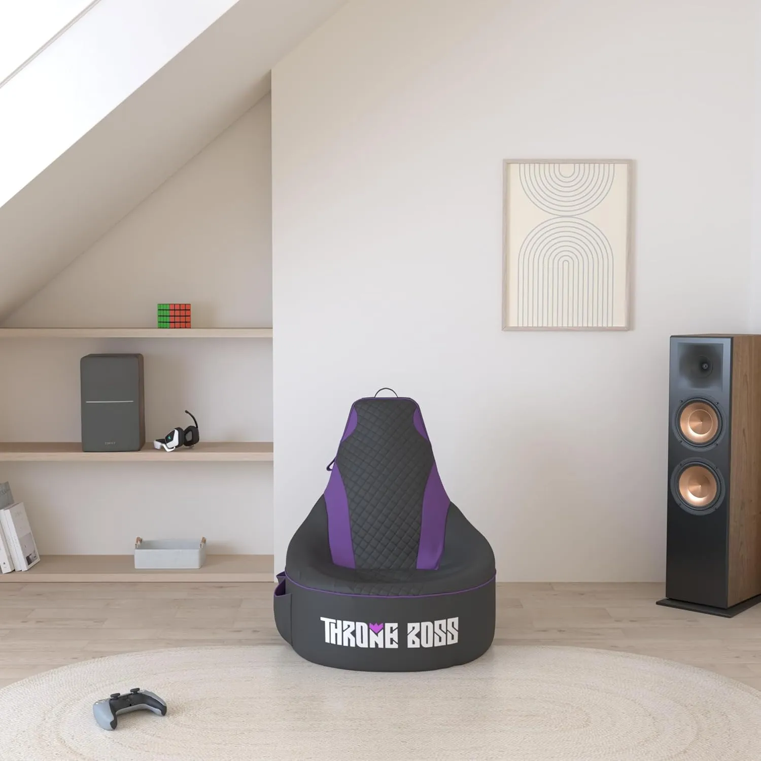 Gaming Bean Bag Chair for Adults and Teens [Cover ONLY No Filling] - High Back Beanbag or Dorm Chair with Cup Holder for Gamers (Black/Purple