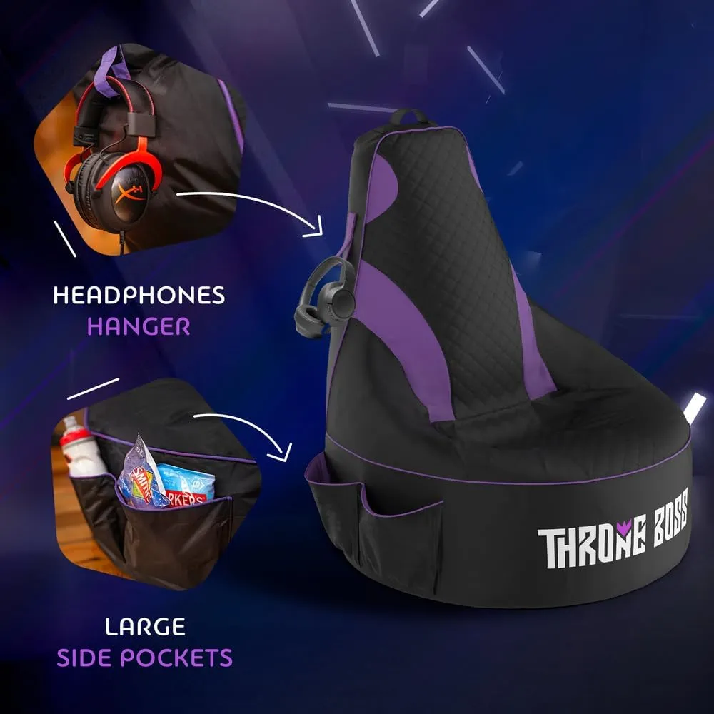 Gaming Bean Bag Chair for Adults and Teens [Cover ONLY No Filling] - High Back Beanbag or Dorm Chair with Cup Holder for Gamers (Black/Purple