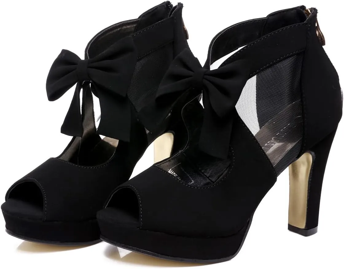 GATUXUS Open Toe Women Platform High Heel Shoes Bows Strappy Sandals