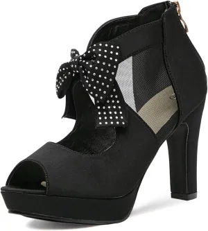 GATUXUS Open Toe Women Platform High Heel Shoes Bows Strappy Sandals