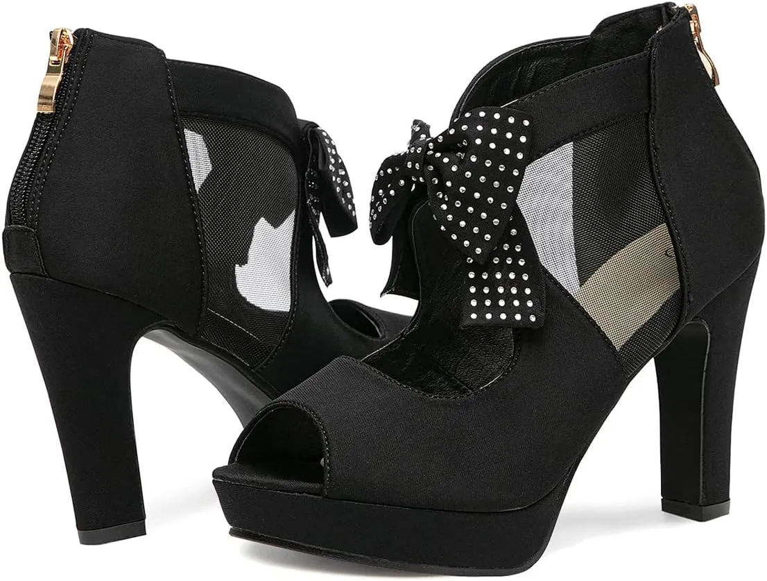 GATUXUS Open Toe Women Platform High Heel Shoes Bows Strappy Sandals