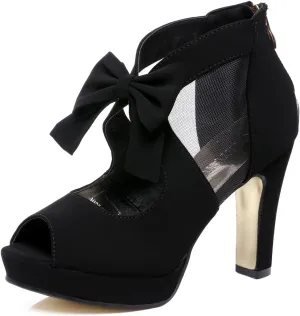 GATUXUS Open Toe Women Platform High Heel Shoes Bows Strappy Sandals