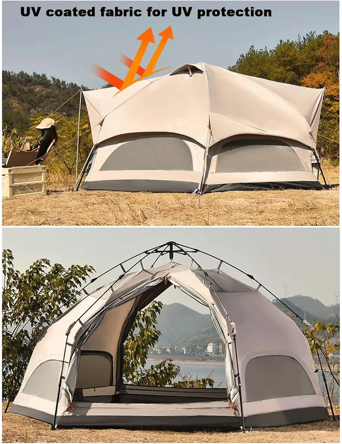 GERRIT Portable Large Pop-up Tent, Double-Layer Waterproof Portable Charm Tent, 4-8 Person Instant Cabin Tent, Outdoor Camping, Hiking, and Backpacking Large Tent, 345x320x175cm, Khaki
