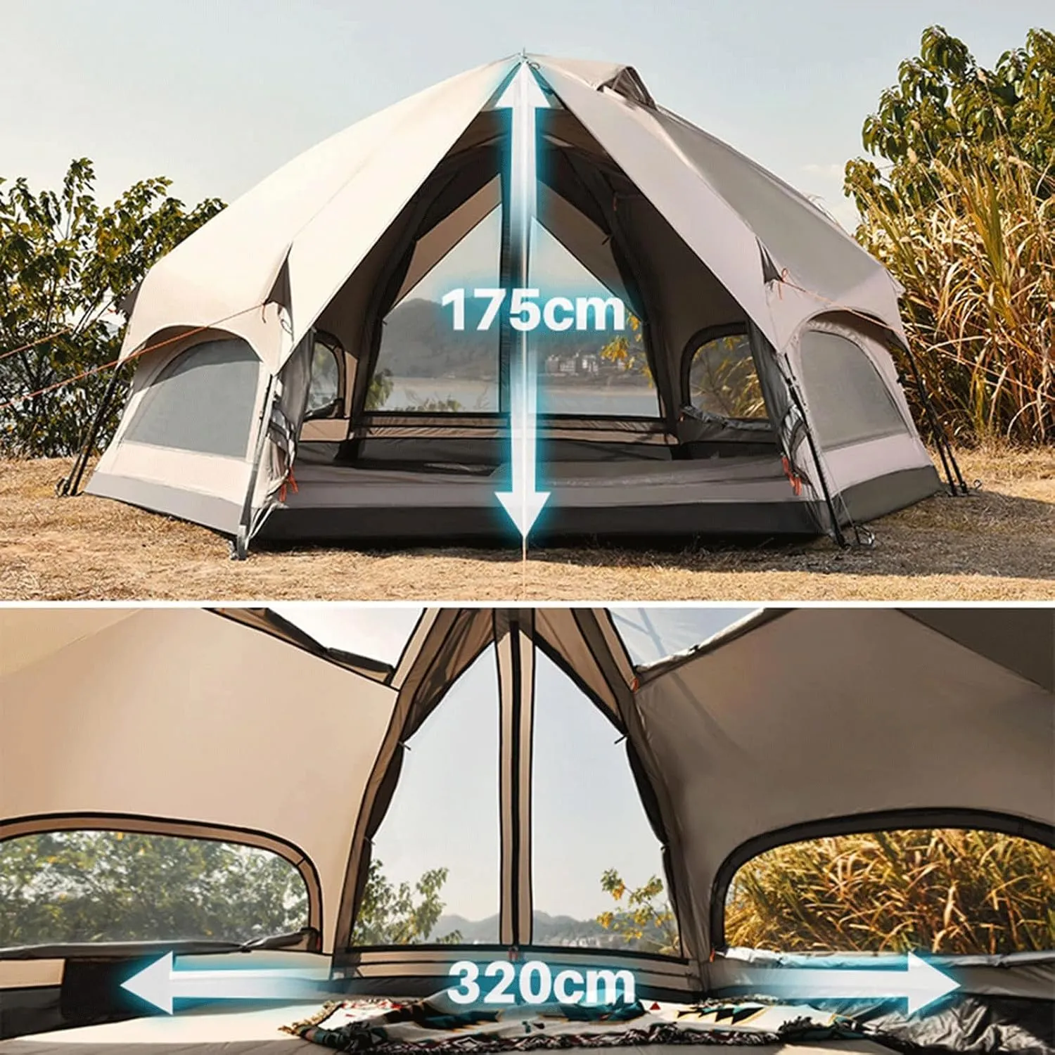 GERRIT Portable Large Pop-up Tent, Double-Layer Waterproof Portable Charm Tent, 4-8 Person Instant Cabin Tent, Outdoor Camping, Hiking, and Backpacking Large Tent, 345x320x175cm, Khaki