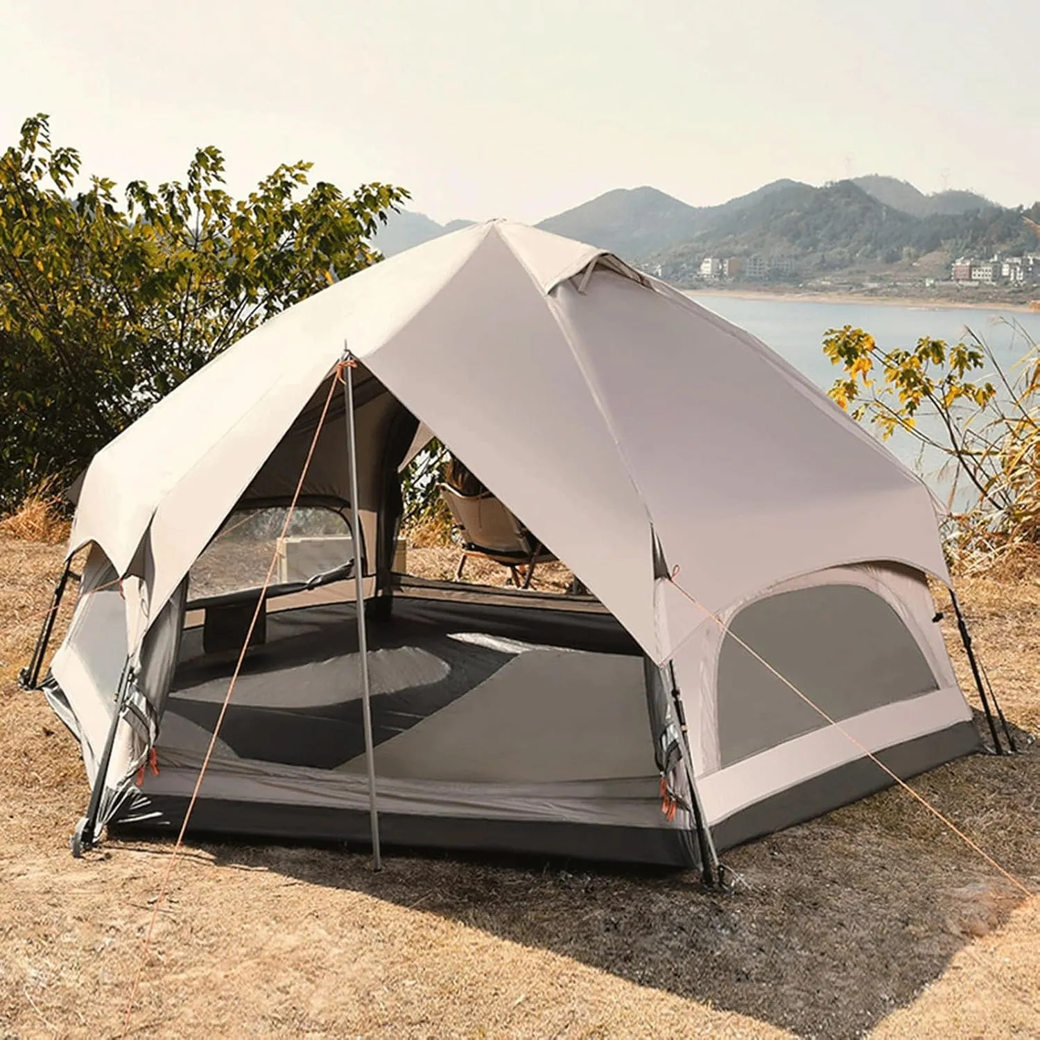 GERRIT Portable Large Pop-up Tent, Double-Layer Waterproof Portable Charm Tent, 4-8 Person Instant Cabin Tent, Outdoor Camping, Hiking, and Backpacking Large Tent, 345x320x175cm, Khaki