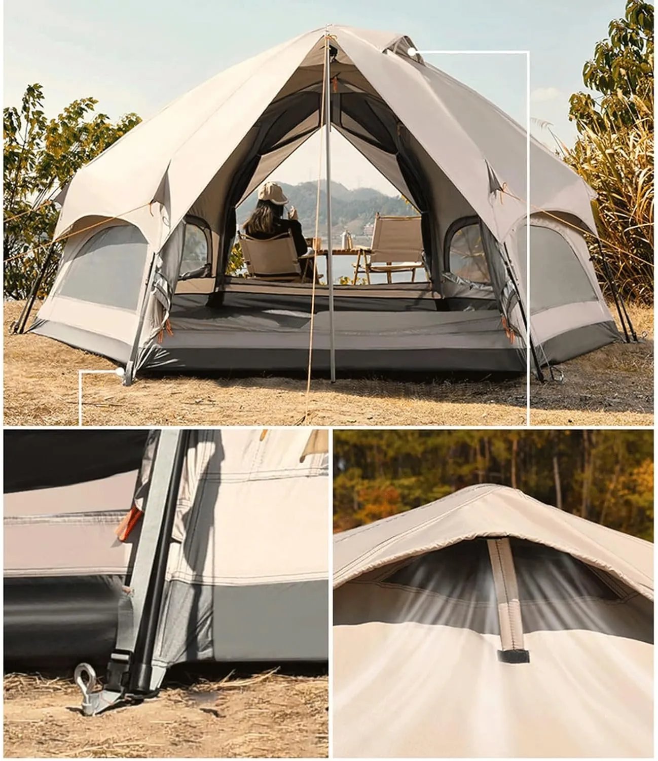GERRIT Portable Large Pop-up Tent, Double-Layer Waterproof Portable Charm Tent, 4-8 Person Instant Cabin Tent, Outdoor Camping, Hiking, and Backpacking Large Tent, 345x320x175cm, Khaki