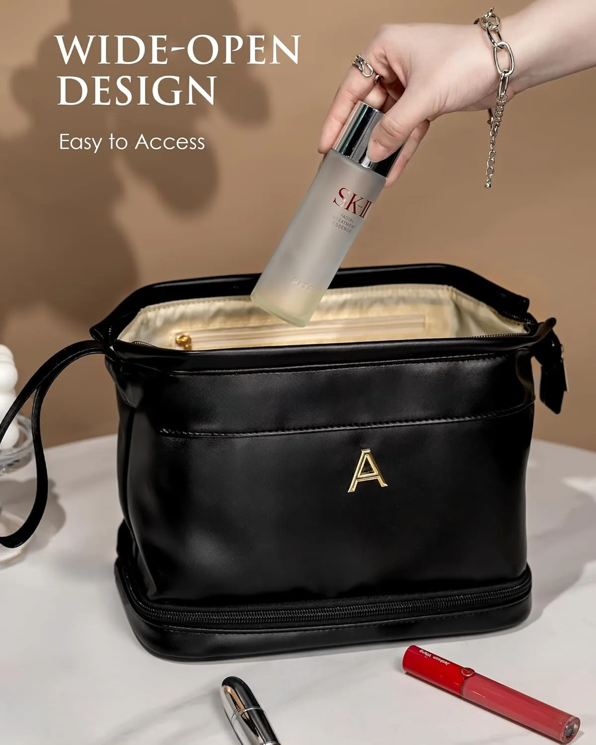 Gifts for Women-Initial Large Makeup Bag, Gift for Women Personalized Double Layer Cosmetic Bag with Makeup Brush Organizer, Teacher Gift, PU Leather Travel Toiletry Bag Graduation Gift