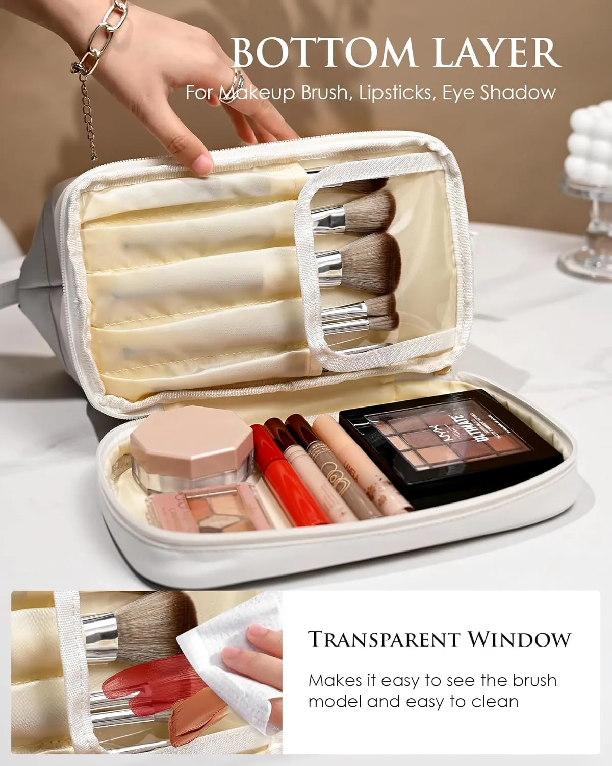 Gifts for Women-Initial Large Makeup Bag, Gift for Women Personalized Double Layer Cosmetic Bag with Makeup Brush Organizer, Teacher Gift, PU Leather Travel Toiletry Bag Graduation Gift