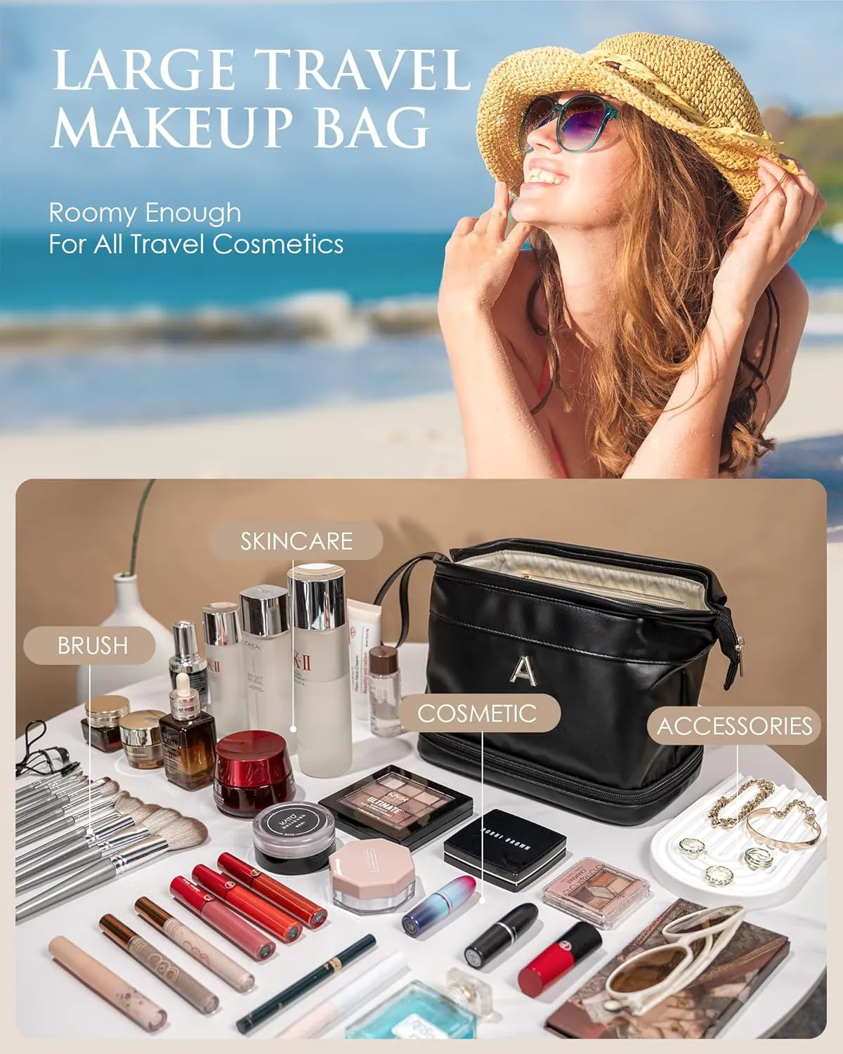 Gifts for Women-Initial Large Makeup Bag, Gift for Women Personalized Double Layer Cosmetic Bag with Makeup Brush Organizer, Teacher Gift, PU Leather Travel Toiletry Bag Graduation Gift