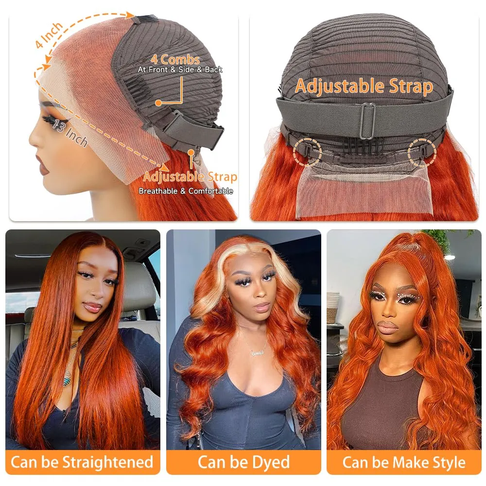 Ginger Lace Front Wigs Human Hair Pre Plucked 180% Density Hd Lace Front Wigs Human Hair 13x4 Ginger Orange Body Wave Lace Frontal Wigs Human Hair Colored Glueless Wigs 24 Inch