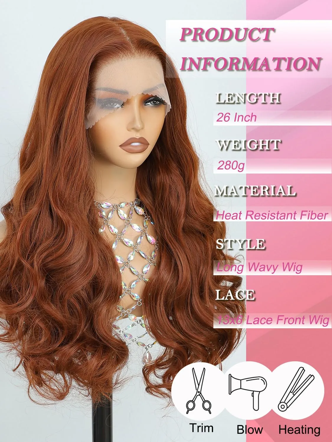 Ginger Orange Synthetic Lace Front Wig for Women, 13x6 Lace Front, Long Wavy with Baby Hair, Deep Parting, Natural Hairline, Hd Lace, Heat Resistant Fiber Wig 26 Inch