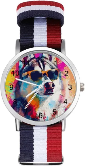 Glasses Husky Dog Unisex Watch Lightweight Breathable Woven Nylon Wrist Strap Watch with Metal Buckle