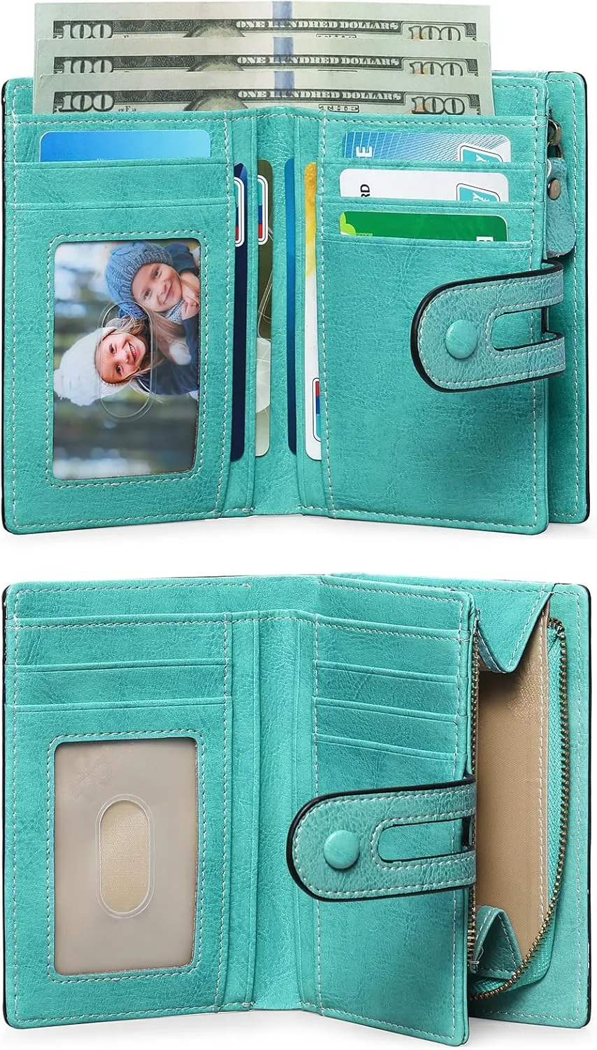 GOIACII Small Wallet Women Rfid Blocking Genuine Leather Compact Bifold Card Holder for Women with Zipper Coin Pocket 2 ID Windows