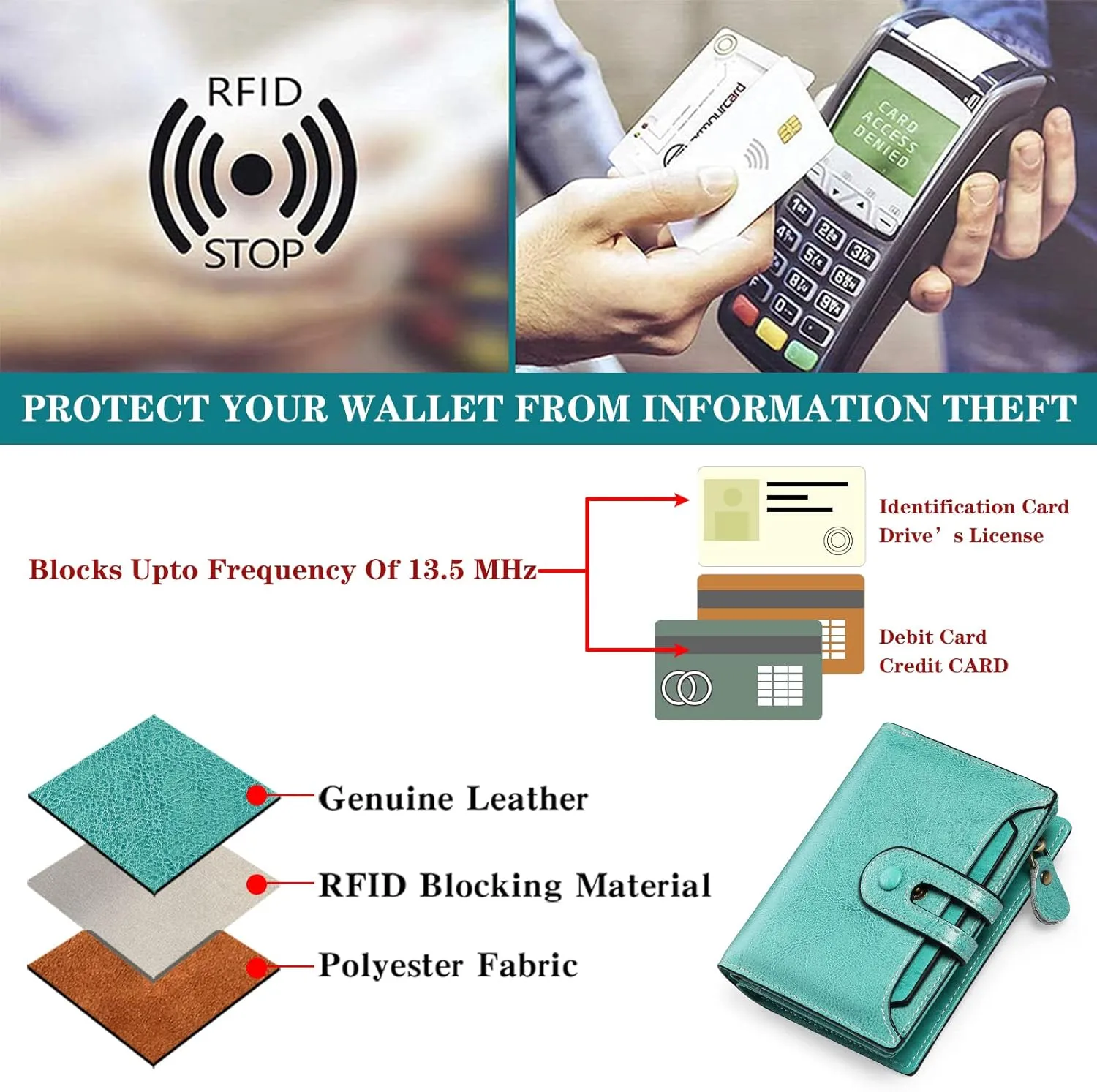 GOIACII Small Wallet Women Rfid Blocking Genuine Leather Compact Bifold Card Holder for Women with Zipper Coin Pocket 2 ID Windows
