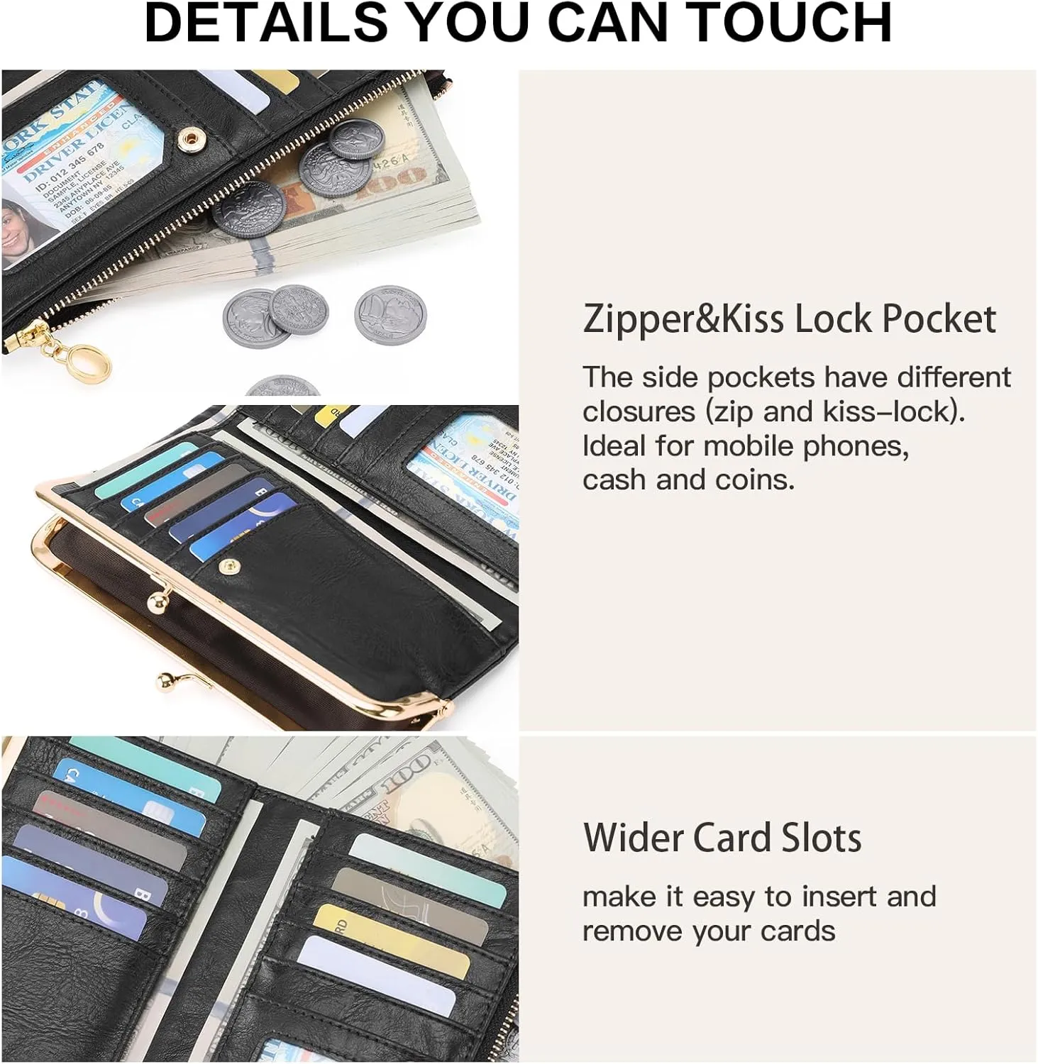 GOIACII Womens Wallet Ladies Vintage Billfold Compact Card Holder Long Zip Clutch Purse with Kiss Lock Black