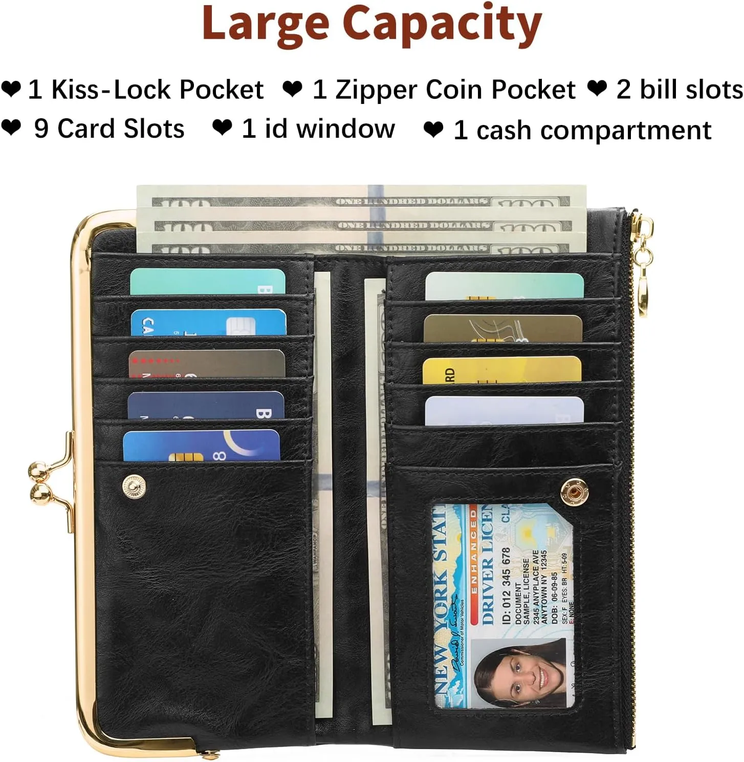 GOIACII Womens Wallet Ladies Vintage Billfold Compact Card Holder Long Zip Clutch Purse with Kiss Lock Black