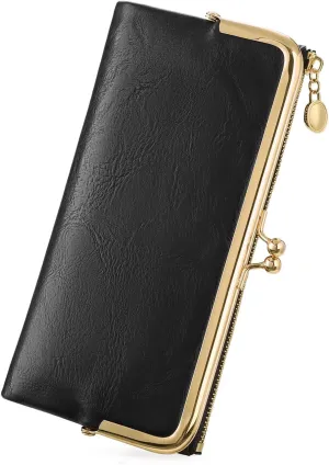 GOIACII Womens Wallet Ladies Vintage Billfold Compact Card Holder Long Zip Clutch Purse with Kiss Lock Black