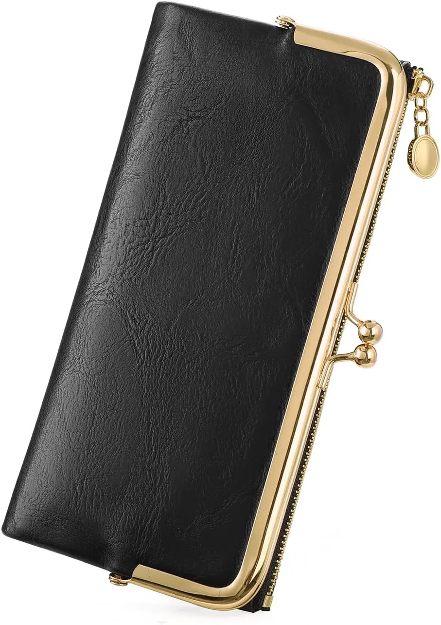 GOIACII Womens Wallet Ladies Vintage Billfold Compact Card Holder Long Zip Clutch Purse with Kiss Lock Black