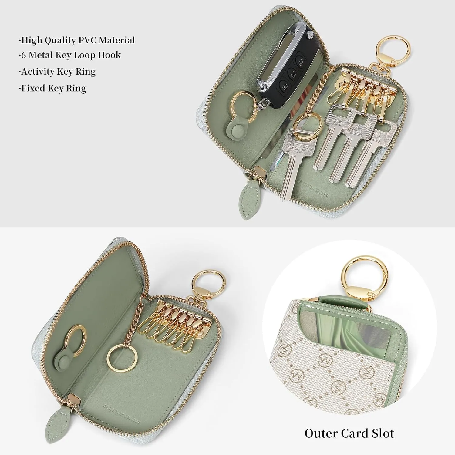 GOLF SUPAGS Women PVC Leather Car Key Chain Card Holder Wallet Pouch 6 Hook Snap Closure keys Money Organizer Case
