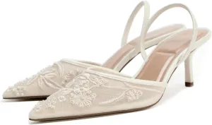 Goolita Beaded Embroidered Slingback Heels for Women, Sexy Pearl Kitten Heels Pointed Closed Toe Mesh Pumps Slip On Party Bridal Shoes for Wedding