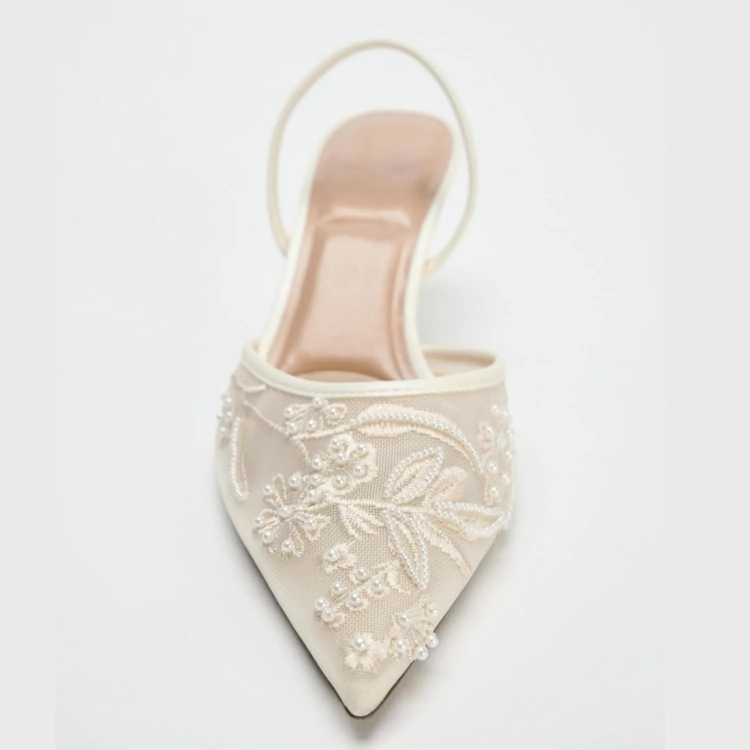 Goolita Beaded Embroidered Slingback Heels for Women, Sexy Pearl Kitten Heels Pointed Closed Toe Mesh Pumps Slip On Party Bridal Shoes for Wedding