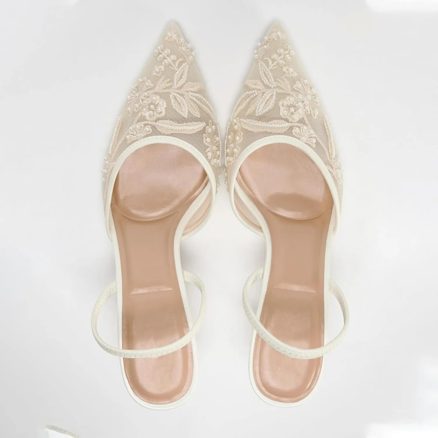 Goolita Beaded Embroidered Slingback Heels for Women, Sexy Pearl Kitten Heels Pointed Closed Toe Mesh Pumps Slip On Party Bridal Shoes for Wedding