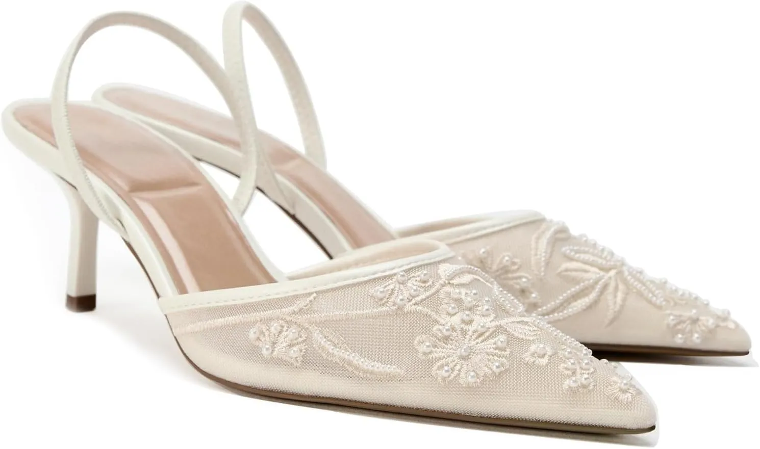 Goolita Beaded Embroidered Slingback Heels for Women, Sexy Pearl Kitten Heels Pointed Closed Toe Mesh Pumps Slip On Party Bridal Shoes for Wedding