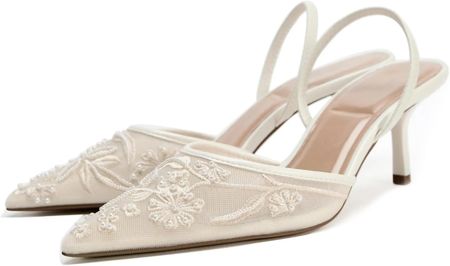 Goolita Beaded Embroidered Slingback Heels for Women, Sexy Pearl Kitten Heels Pointed Closed Toe Mesh Pumps Slip On Party Bridal Shoes for Wedding