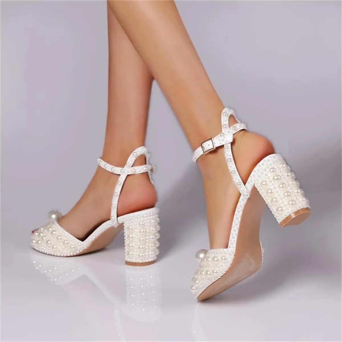 Goolita Full Pearl Heels For Women Block Buckle Ankle Strap Heeled Sandals Rhinestone Open Toe Evening Bridal Shoes For Wedding
