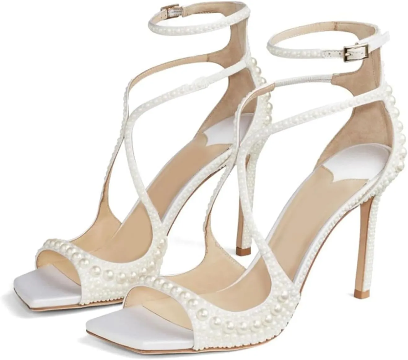 Goolita Womens Peep Toe Stiletto Heeled Sandals Shiny Pearl Buckle Ankle Strap Wedding Pumps Dress Evening Bride Bridal Shoes