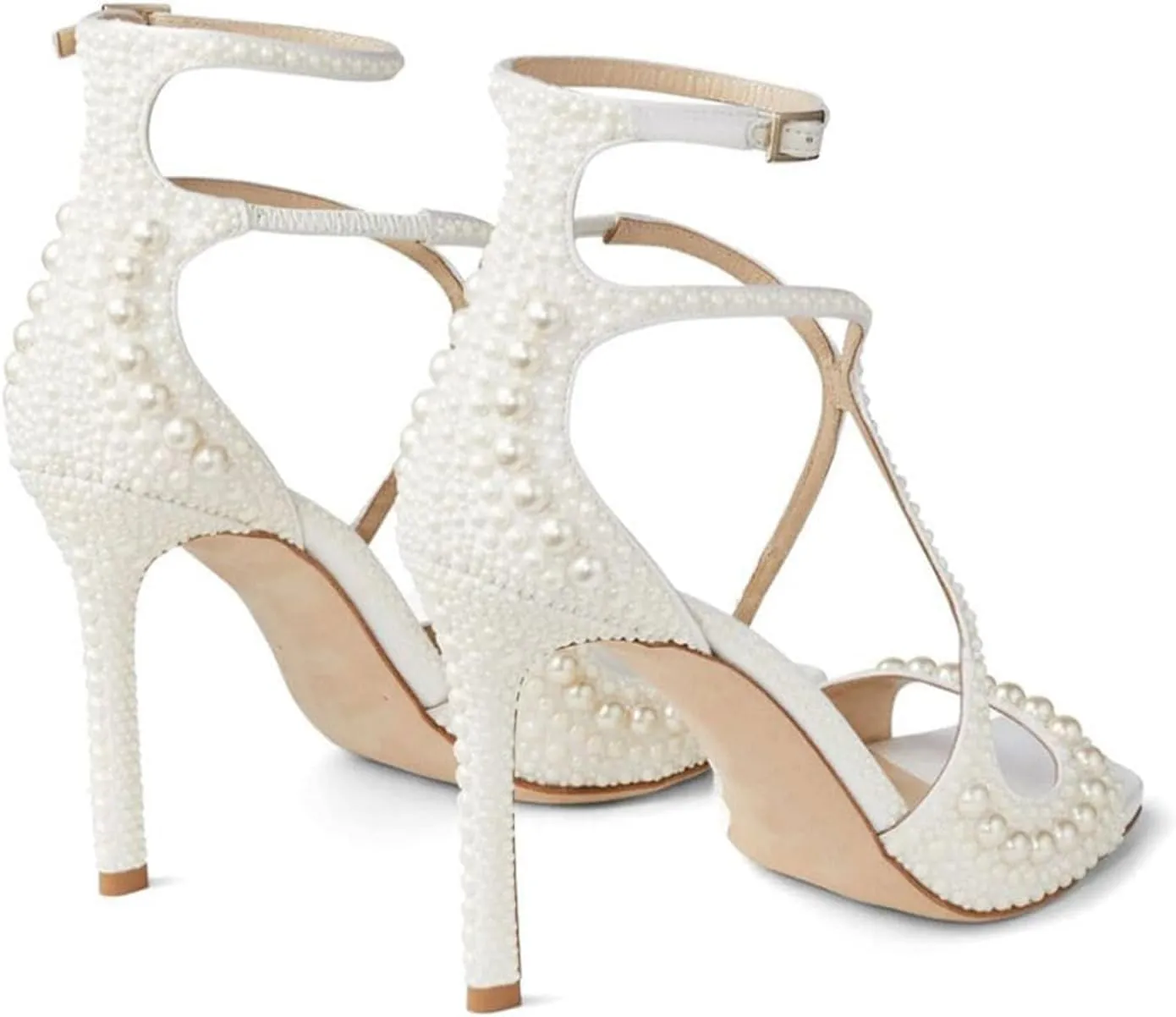 Goolita Womens Peep Toe Stiletto Heeled Sandals Shiny Pearl Buckle Ankle Strap Wedding Pumps Dress Evening Bride Bridal Shoes